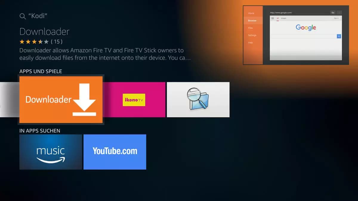 Android TV setup — step 1: install the Downloader app from the Google Play Store